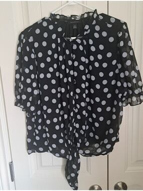 TAMARA H Black WHITE Polka Dot short sleeve blouse lightweight ruffle resort XL